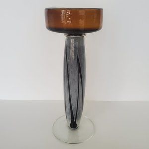 Modernist Glass Art Candle Holder Tall Footed Hand Blown Amber Glass Ombre Grey